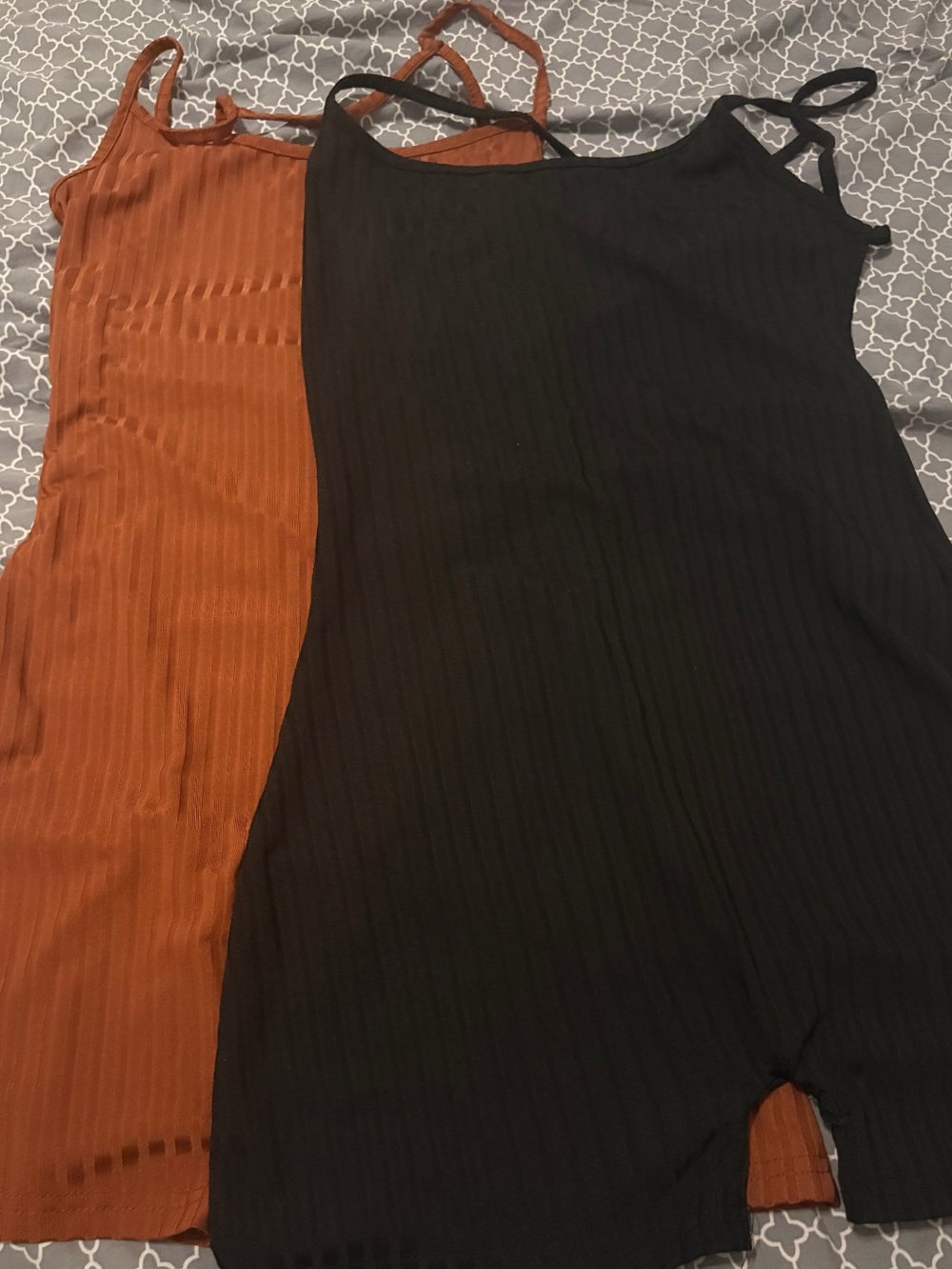 Two Ribbed Sleeveless Rompers in Black and Rust (backless)